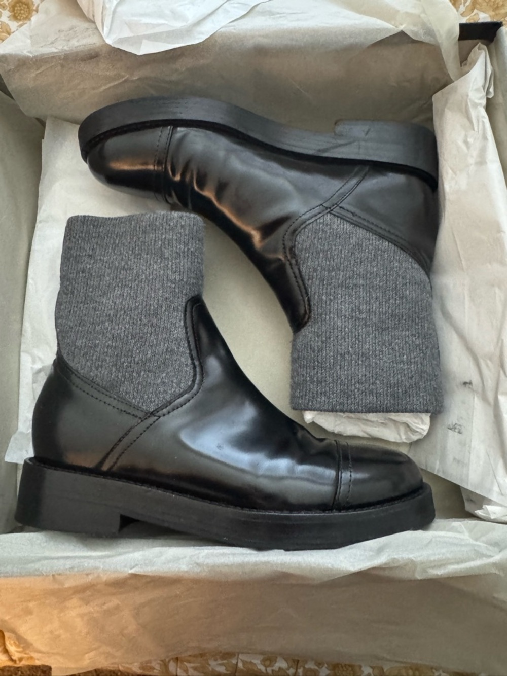 J. Crew Black Leather Ankle Boots with Gray Knit Shaft